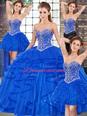 Glittering Sweetheart Sleeveless Quinceanera Gowns Floor Length Beading and Ruffles Royal Blue Tulle
