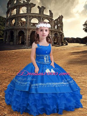 Blue Satin and Organza Zipper Pageant Gowns For Girls Sleeveless Floor Length Embroidery and Ruffled Layers