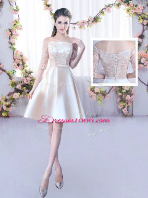 Fantastic Half Sleeves Mini Length Lace and Belt Lace Up Quinceanera Court of Honor Dress with Champagne