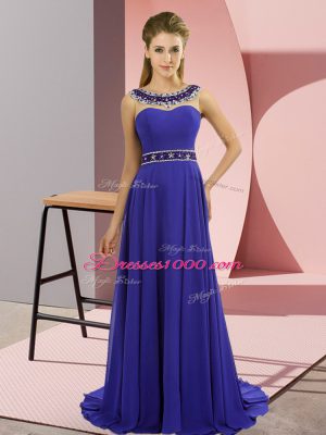 Custom Made Beading Prom Gown Blue Zipper Sleeveless Brush Train