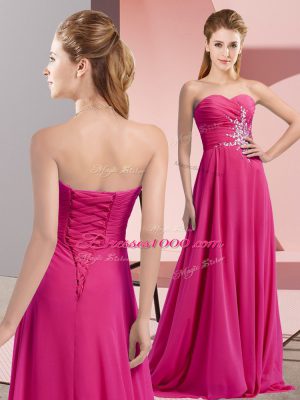 Fuchsia Sweetheart Neckline Beading and Ruching Homecoming Dress Sleeveless Lace Up
