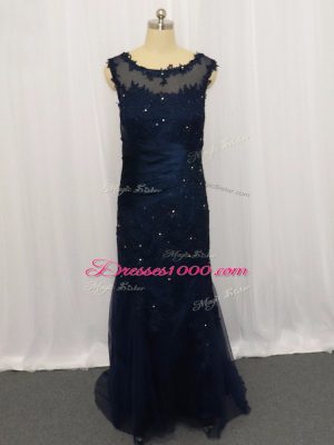 Tulle Scoop Sleeveless Zipper Lace and Appliques in Navy Blue