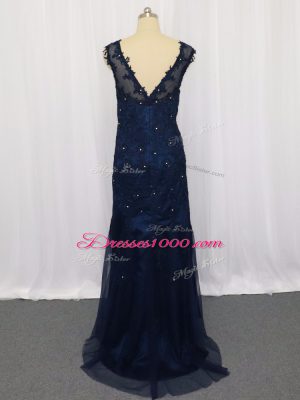 Tulle Scoop Sleeveless Zipper Lace and Appliques in Navy Blue