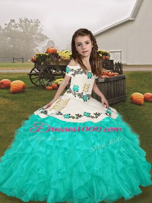 Beauteous Straps Long Sleeves Pageant Gowns For Girls Embroidery and Ruffles Lace Up