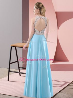 Scoop Sleeveless Evening Dress Floor Length Beading Apple Green Satin