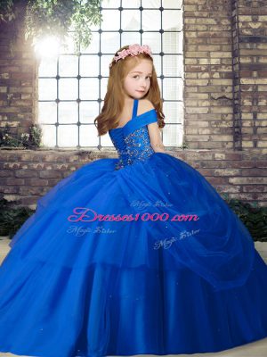 Perfect Royal Blue Ball Gowns Straps Sleeveless Chiffon Floor Length Lace Up Beading Pageant Dress