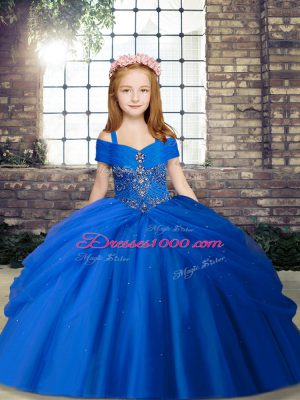 Perfect Royal Blue Ball Gowns Straps Sleeveless Chiffon Floor Length Lace Up Beading Pageant Dress