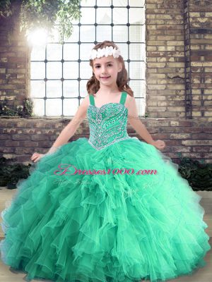 Sleeveless Tulle Floor Length Lace Up Girls Pageant Dresses in Turquoise with Beading and Ruffles