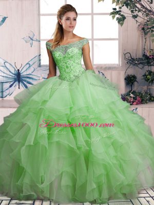 High Class Green Off The Shoulder Neckline Beading and Ruffles 15 Quinceanera Dress Sleeveless Lace Up