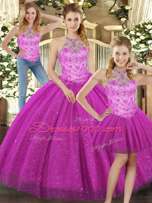 Smart Halter Top Sleeveless Tulle Quince Ball Gowns Beading Lace Up