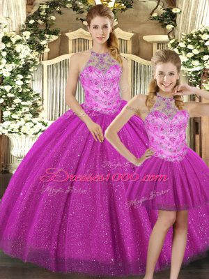 Smart Halter Top Sleeveless Tulle Quince Ball Gowns Beading Lace Up