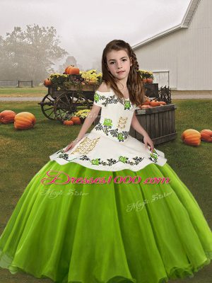 Organza Straps Sleeveless Lace Up Embroidery Little Girl Pageant Dress in Green