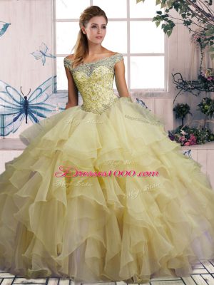 Off The Shoulder Sleeveless Organza Quinceanera Dresses Beading and Ruffles Lace Up