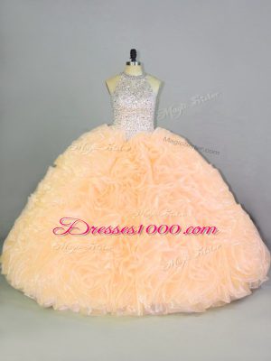 Hot Selling Peach Organza Lace Up Halter Top Sleeveless Floor Length Quinceanera Gown Beading and Ruffles
