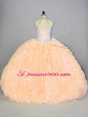 Hot Selling Peach Organza Lace Up Halter Top Sleeveless Floor Length Quinceanera Gown Beading and Ruffles