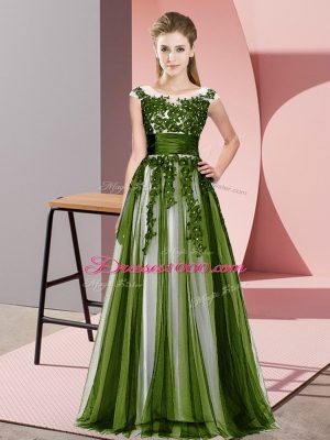 Flare Olive Green Zipper Scoop Beading and Lace Bridesmaid Gown Tulle Sleeveless