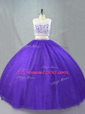 Purple Two Pieces Tulle Scoop Sleeveless Appliques Floor Length Zipper Quinceanera Dresses