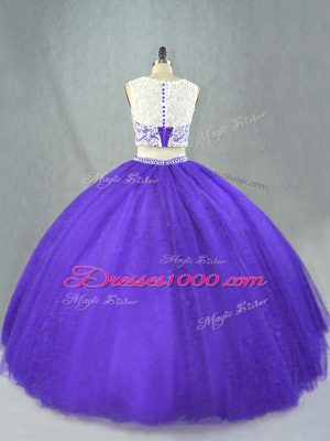 Purple Two Pieces Tulle Scoop Sleeveless Appliques Floor Length Zipper Quinceanera Dresses