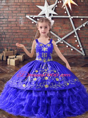 New Style Sleeveless Satin and Organza Floor Length Lace Up Kids Formal Wear in Blue with Embroidery and Ruffled Layers