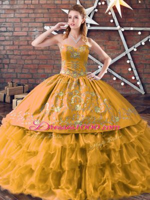 Fashionable Gold Organza Lace Up Vestidos de Quinceanera Sleeveless Floor Length Embroidery and Ruffled Layers