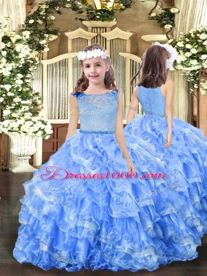 Fantastic Lace and Ruffled Layers 15th Birthday Dress Light Blue Zipper Sleeveless Floor Length