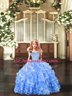 Fantastic Lace and Ruffled Layers 15th Birthday Dress Light Blue Zipper Sleeveless Floor Length