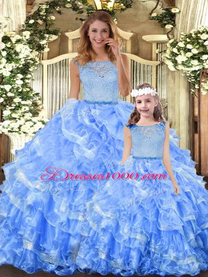 Fantastic Lace and Ruffled Layers 15th Birthday Dress Light Blue Zipper Sleeveless Floor Length