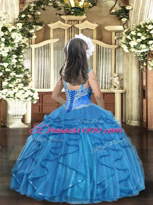 Pretty Straps Sleeveless Tulle Evening Gowns Beading and Ruffles Lace Up