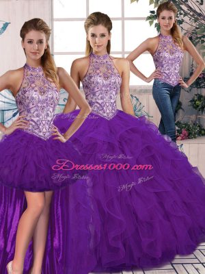 Simple Purple Lace Up Sweet 16 Quinceanera Dress Beading and Ruffles Sleeveless Floor Length