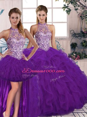 Simple Purple Lace Up Sweet 16 Quinceanera Dress Beading and Ruffles Sleeveless Floor Length