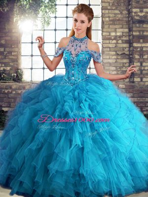 Hot Selling Sleeveless Floor Length Beading and Ruffles Lace Up Quinceanera Dresses with Blue