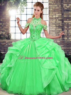 Top Selling Green Halter Top Neckline Beading and Ruffles 15 Quinceanera Dress Sleeveless Lace Up