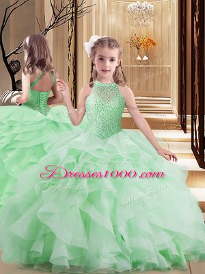 Fantastic Apple Green Organza Lace Up Quinceanera Gowns Sleeveless Brush Train Beading and Ruffles