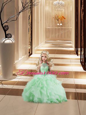 Fantastic Apple Green Organza Lace Up Quinceanera Gowns Sleeveless Brush Train Beading and Ruffles