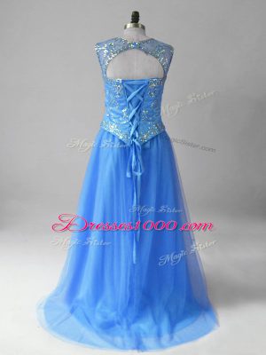 Hot Sale Blue Empire Scoop Sleeveless Tulle High Low Brush Train Lace Up Beading Runway Inspired Dress