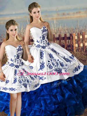 Latest Blue And White Sweetheart Lace Up Embroidery and Ruffles Vestidos de Quinceanera Sleeveless