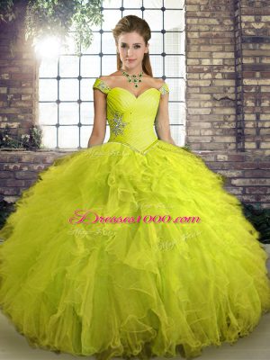 Luxury Floor Length Yellow Green Sweet 16 Quinceanera Dress Tulle Sleeveless Beading and Ruffles