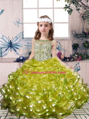 Cheap Olive Green Ball Gowns Beading and Ruffles Child Pageant Dress Lace Up Organza Sleeveless Floor Length