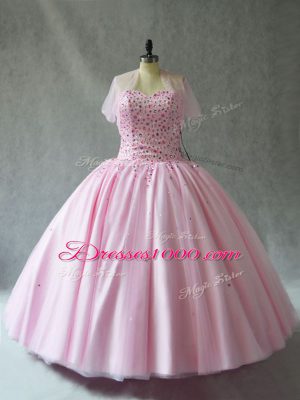 Pink Sweetheart Neckline Beading Sweet 16 Quinceanera Dress Sleeveless Lace Up