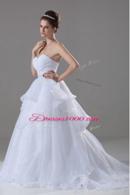 White Sweetheart Lace Up Beading and Ruffles Wedding Dresses Brush Train Sleeveless