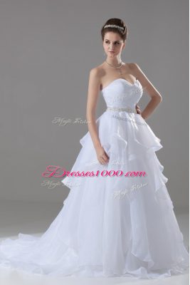 White Sweetheart Lace Up Beading and Ruffles Wedding Dresses Brush Train Sleeveless