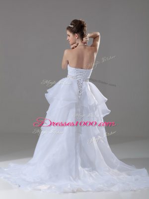 White Sweetheart Lace Up Beading and Ruffles Wedding Dresses Brush Train Sleeveless