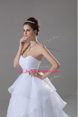 White Sweetheart Lace Up Beading and Ruffles Wedding Dresses Brush Train Sleeveless