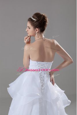 White Sweetheart Lace Up Beading and Ruffles Wedding Dresses Brush Train Sleeveless