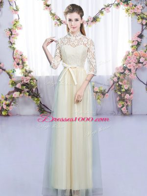 Dazzling High-neck Half Sleeves Zipper Bridesmaids Dress Champagne Tulle