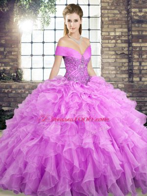 Smart Lilac Sweet 16 Quinceanera Dress Off The Shoulder Sleeveless Brush Train Lace Up