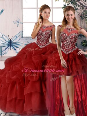 Enchanting Scoop Sleeveless Brush Train Zipper Sweet 16 Dresses Wine Red Organza