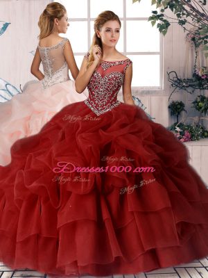 Enchanting Scoop Sleeveless Brush Train Zipper Sweet 16 Dresses Wine Red Organza
