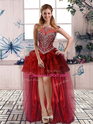 Enchanting Scoop Sleeveless Brush Train Zipper Sweet 16 Dresses Wine Red Organza
