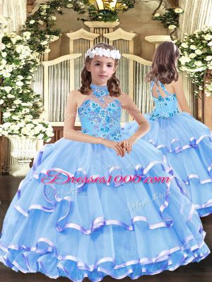 Traditional Blue Quince Ball Gowns Halter Top Sleeveless Lace Up